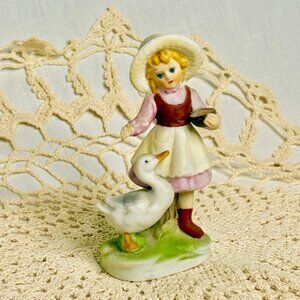 Vintage Japan Porcelain Figurine • Girl with Goose • Hummel Style • 5”
